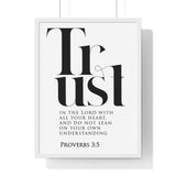 Trust in the Lord framed Christian wall art inspired by Proverbs 3:5, white frame with black and white scripture typography