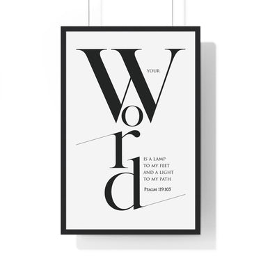 Your Word Is a Lamp framed Christian wall art inspired by Psalm 119:105, black frame with black and white scripture typography