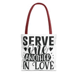 Faith Culture - Serve One Another in Love Christian Tote Bag - Galatians 5:13 Bible Verse 13" × 13'' Red