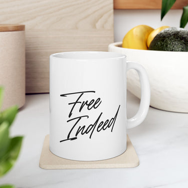 Faith Culture – Free Indeed Christian Mug – John 8:36 Bible Verse Coffee Cup, 11oz & 15oz 11oz
