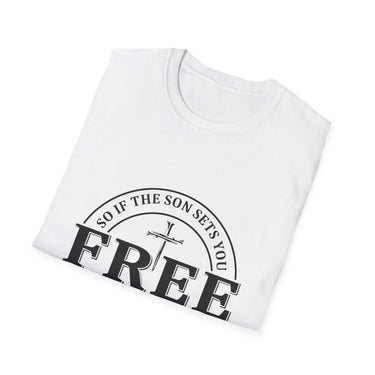 Faith Culture β Free Indeed Circle Emblem Unisex T-Shirt β White | Christian Freedom Tee with Cross Design & John 8:36