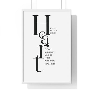 Create in Me a Clean Heart framed Christian wall art inspired by Psalm 51:10, white frame with black and white scripture typography