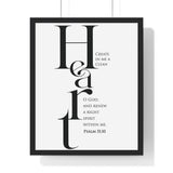 Create in Me a Clean Heart framed Christian wall art inspired by Psalm 51:10, black frame with black and white scripture typography
