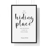 My Hiding Place framed Christian wall art inspired by Psalm 119:114, black frame with black and white scripture typography