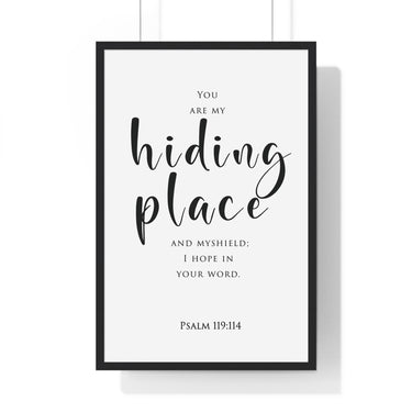 My Hiding Place framed Christian wall art inspired by Psalm 119:114, black frame with black and white scripture typography