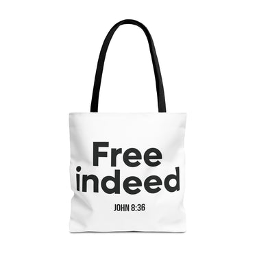 Free Indeed Christian Tote Bag | John 8:36 Bible Verse Gift 18" × 18'' Black