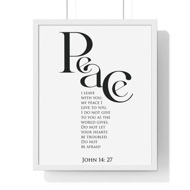 Peace Bold Verse framed Bible verse wall art inspired by John 14:27, white frame with black and white scripture typography