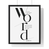 In the Beginning Was the Word framed Christian wall art inspired by John 1:1, black frame with black and white scripture typography