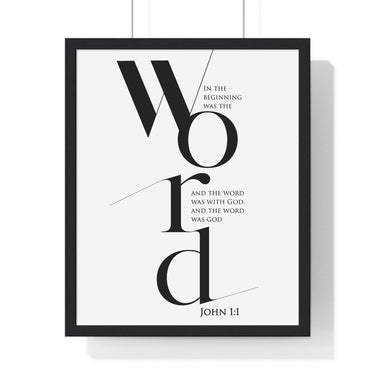 In the Beginning Was the Word framed Christian wall art inspired by John 1:1, black frame with black and white scripture typography