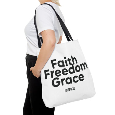 Faith Freedom Grace Christian Tote Bag | John 8:36 Bible Verse Gift