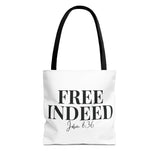 Faith Culture β Free Indeed Christian Tote Bag | John 8:36 Bible Verse Tote 13" Γ 13'' Black