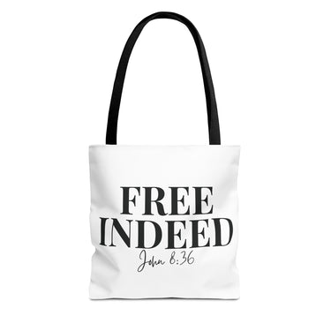 Faith Culture β Free Indeed Christian Tote Bag | John 8:36 Bible Verse Tote 13" Γ 13'' Black
