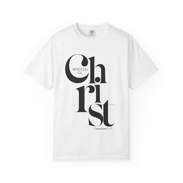 Faith Culture - Rooted in Christ Christian T-Shirt | Colossians 2:7 Bible Verse Tee White