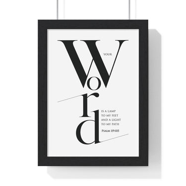 Your Word Is a Lamp framed Bible verse wall art inspired by Psalm 119:105, black frame with black and white scripture typography