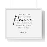 Perfect Peace framed Christian wall art, Isaiah 26:3, black lettering on white with a white wooden frame