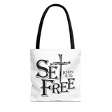 Faith Culture β Set Free John 8:36 Christian Tote Bag | Bold Cross & Scripture 13" Γ 13'' Black