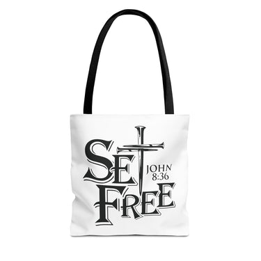 Faith Culture β Set Free John 8:36 Christian Tote Bag | Bold Cross & Scripture 13" Γ 13'' Black