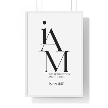 The Resurrection and the Life framed Christian wall art inspired by John 11:25, white frame with black and white scripture typography