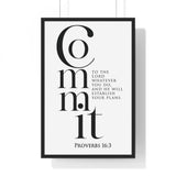 Commit Your Plans framed Christian wall art inspired by Proverbs 16:3, black frame with black and white scripture typography