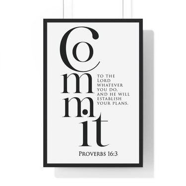 Commit Your Plans framed Christian wall art inspired by Proverbs 16:3, black frame with black and white scripture typography