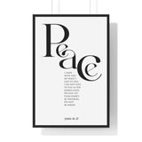 Peace framed Christian wall art inspired by John 14:27, black frame with black and white scripture typography