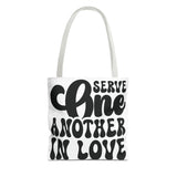 Faith Culture - Serve One Another in Love Christian Tote Bag - Inspirational Bible Verse Galatians 5:13 13" × 13'' White