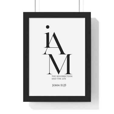 The Resurrection and the Life framed Bible verse wall art inspired by John 11:25, black frame with black and white scripture typography