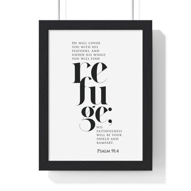 Under His Wings framed Bible verse wall art inspired by Psalm 91:4, black frame with black and white scripture typography