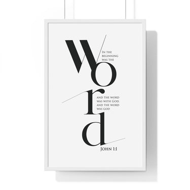 In the Beginning Was the Word framed Christian wall art inspired by John 1:1, white frame with black and white scripture typography