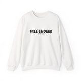 Faith Culture β Free Indeed John 8:36 Unisex Crewneck Sweatshirt β White | Christian Freedom Sweatshirt for Everyday Faith