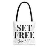 Faith Culture β Set Free John 8:36 Christian Tote Bag | Freedom in Christ Scripture Bag 13" Γ 13'' Black