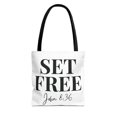 Faith Culture β Set Free John 8:36 Christian Tote Bag | Freedom in Christ Scripture Bag 13" Γ 13'' Black