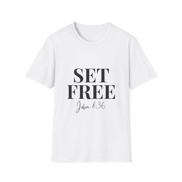Faith Culture – Set Free John 8:36 Unisex T-Shirt – White | Elegant Christian Tee on Freedom Through Christ