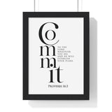 Commit Your Plans framed Bible verse wall art inspired by Proverbs 16:3, black frame with black and white scripture typography