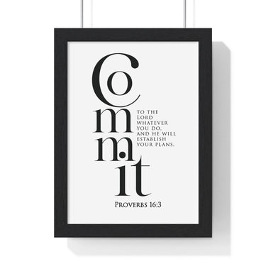 Commit Your Plans framed Bible verse wall art inspired by Proverbs 16:3, black frame with black and white scripture typography