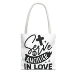 Faith Culture - Serve One Another in Love Christian Tote Bag - Galatians 5:13 Bible Verse 13" × 13'' White