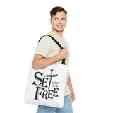 Faith Culture β Set Free John 8:36 Christian Tote Bag | Bold Cross & Scripture 18" Γ 18'' Black