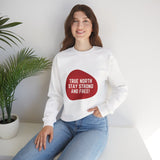 Faith Culture – True North Stay Strong and Free Crewneck Sweatshirt – White with Red Graphic | Bold Canadian Motto Pullover