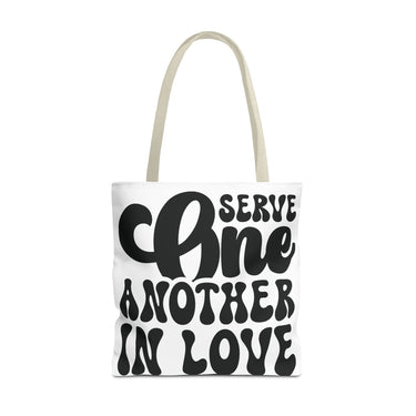 Faith Culture - Serve One Another in Love Christian Tote Bag - Inspirational Bible Verse Galatians 5:13 18" × 18'' Beige