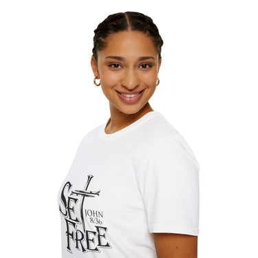 Faith Culture – Set Free John 8:36 Unisex T-Shirt – White | Bold Christian Tee with Cross Design