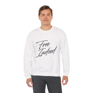 Faith Culture β Free Indeed Christian Crewneck Sweatshirt β White | Minimal Script Style Based on John 8:36