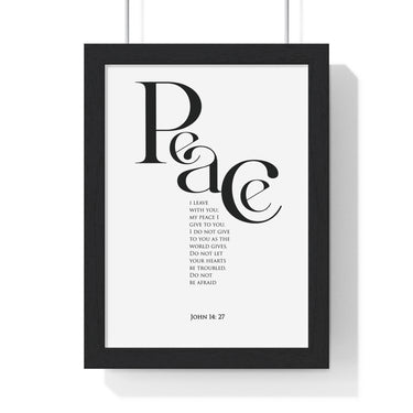 Peace framed Bible verse wall art inspired by John 14:27, black frame with black and white scripture typography