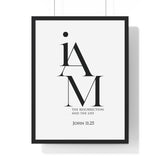 The Resurrection and the Life framed Bible verse wall art inspired by John 11:25, black frame with black and white scripture typography