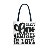 Faith Culture - Serve One Another in Love Christian Tote Bag - Inspirational Bible Verse Galatians 5:13 18" × 18'' Navy