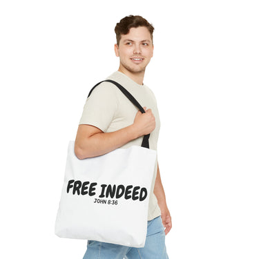 Faith Culture β Free Indeed Christian Tote Bag | John 8:36 Scripture Tote 18" Γ 18'' Black