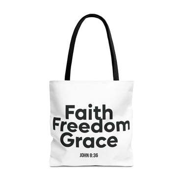 Faith Freedom Grace Christian Tote Bag | John 8:36 Bible Verse Gift 18" × 18'' Black