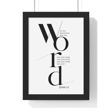In the Beginning Was the Word framed Bible verse wall art inspired by John 1:1, black frame with black and white scripture typography