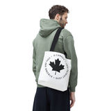 Faith Culture – O Canada Anthem Circle Tote Bag | Black Maple Leaf Minimalist Canadian Carryall
