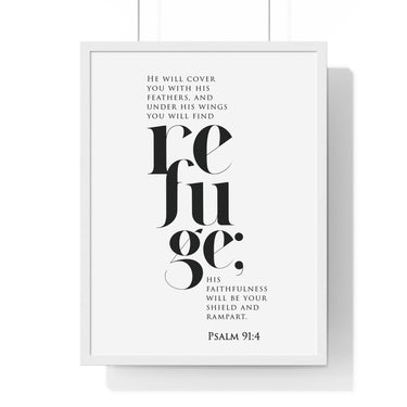 Under His Wings framed Christian wall art inspired by Psalm 91:4, white frame with black and white scripture typography