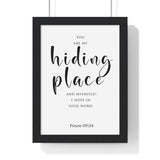 My Hiding Place framed Bible verse wall art inspired by Psalm 119:114, black frame with black and white scripture typography